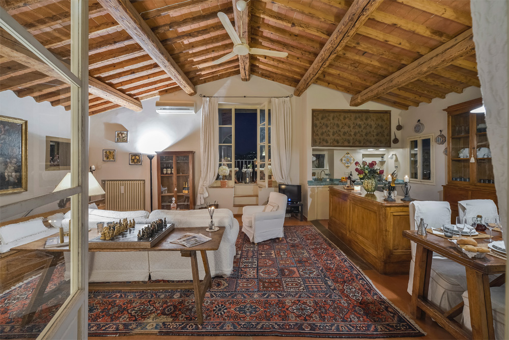 Comfortable living area with sofas and wooden ceiling