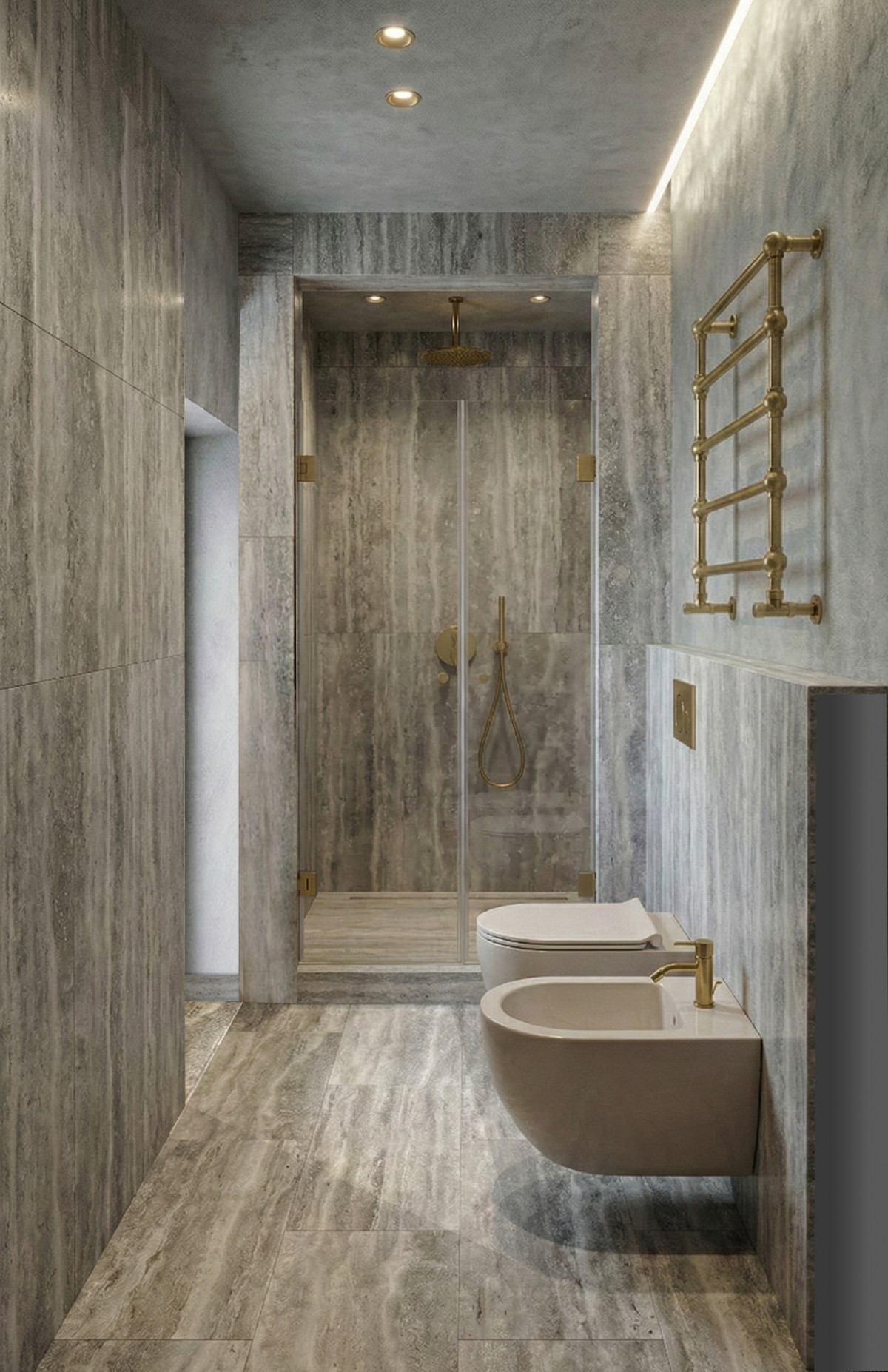Bathroom rendering with glass shower in Florence apartment renovation project