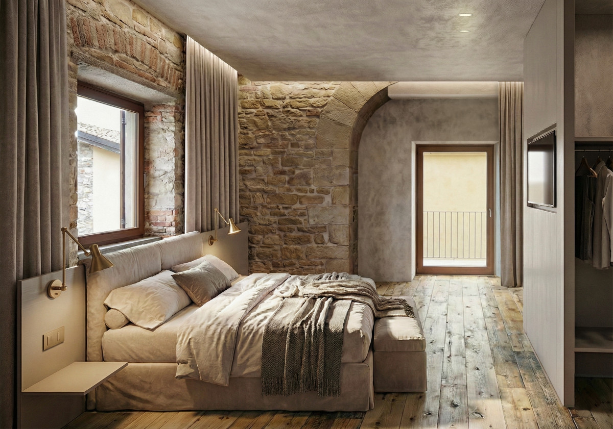 Bedroom rendering with natural light in Florence apartment renovation project