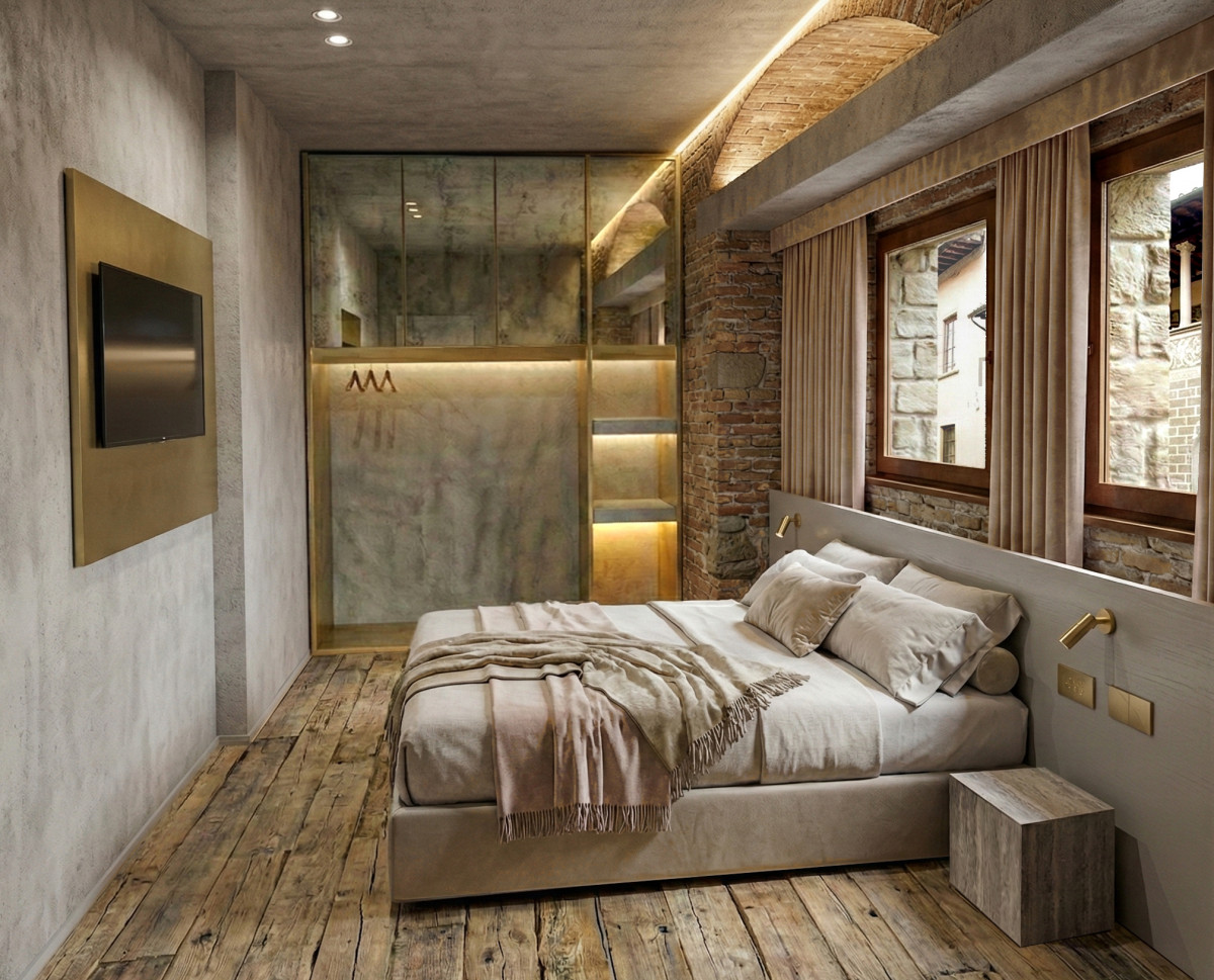 Bedroom rendering with exposed stone wall in Florence apartment renovation project