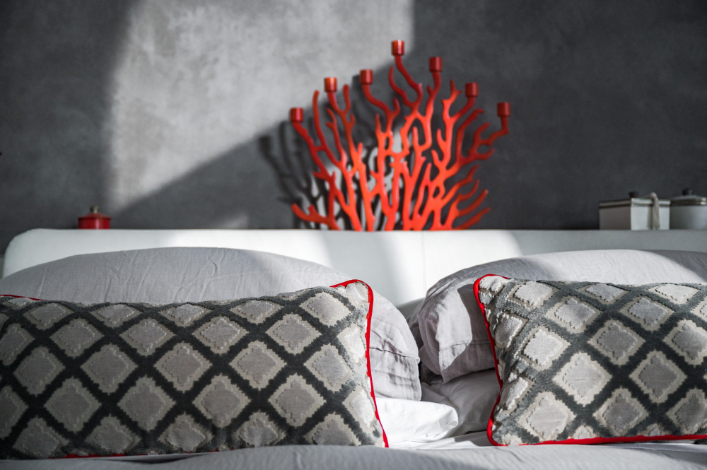 Interior decor detail with red accents and cushions