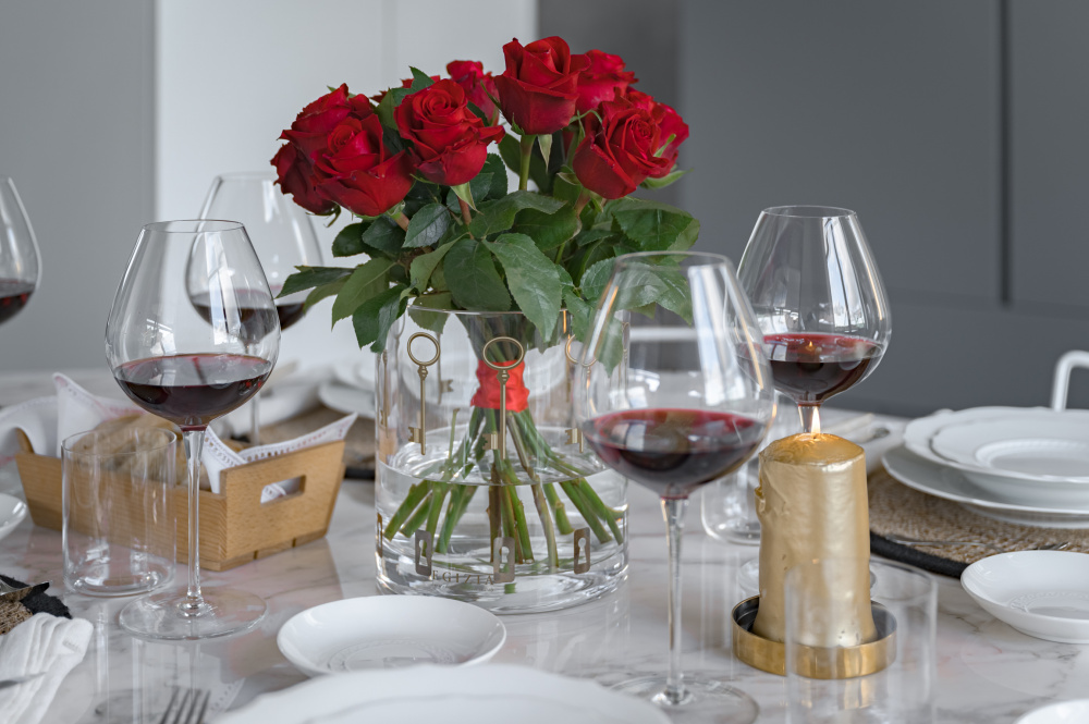 Dining area with elegant table setting and natural light