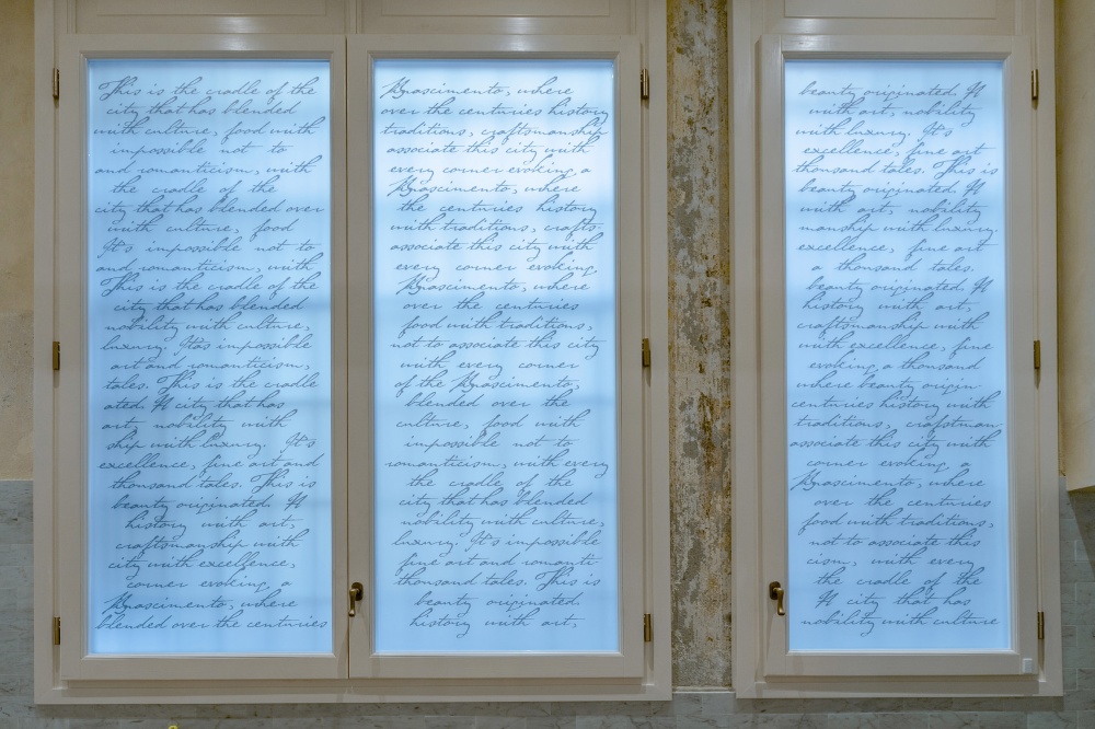 Frosted window detail in historic apartment in Florence