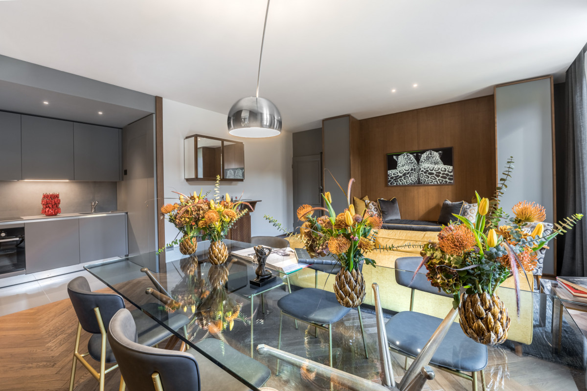 Open space living and dining area with modern furniture