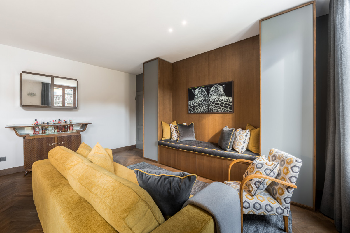 Modern living area with sofa and warm tones