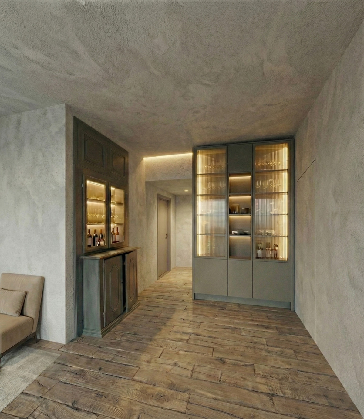 Hallway rendering with custom storage in Florence apartment renovation project