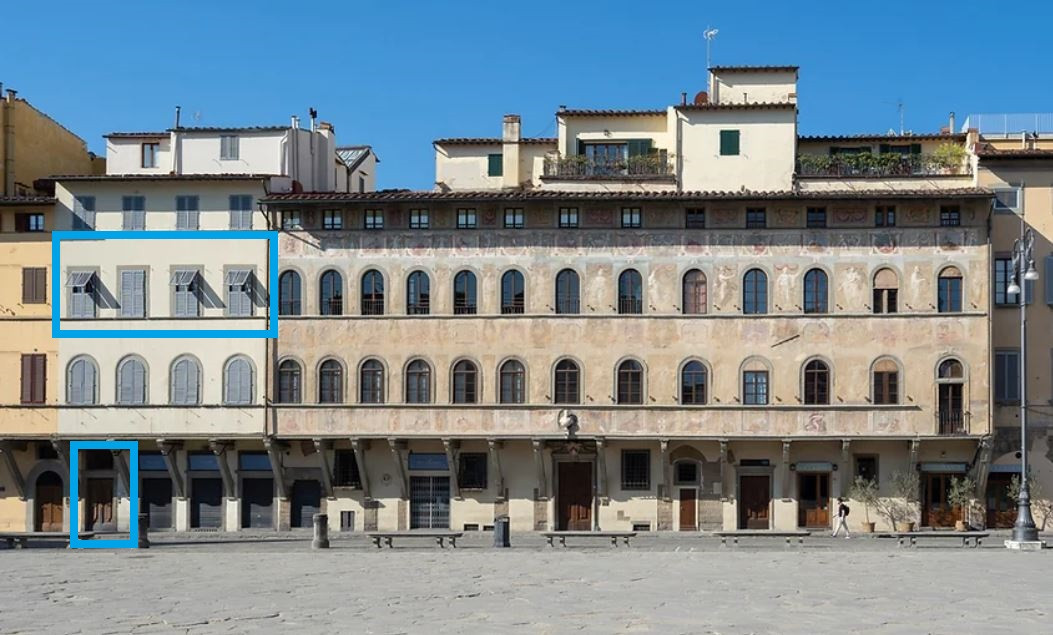Historic building in Piazza Santa Croce Florence with apartment location highlighted
