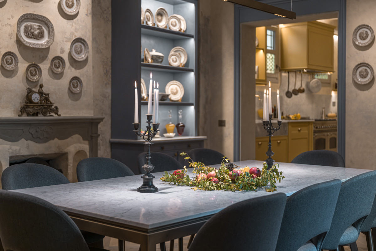 Dining table detail in historic Florence apartment with classic decor