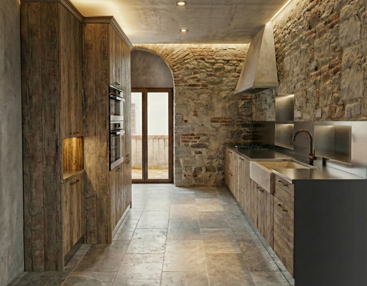 Modern kitchen rendering in historic apartment renovation project in Florence