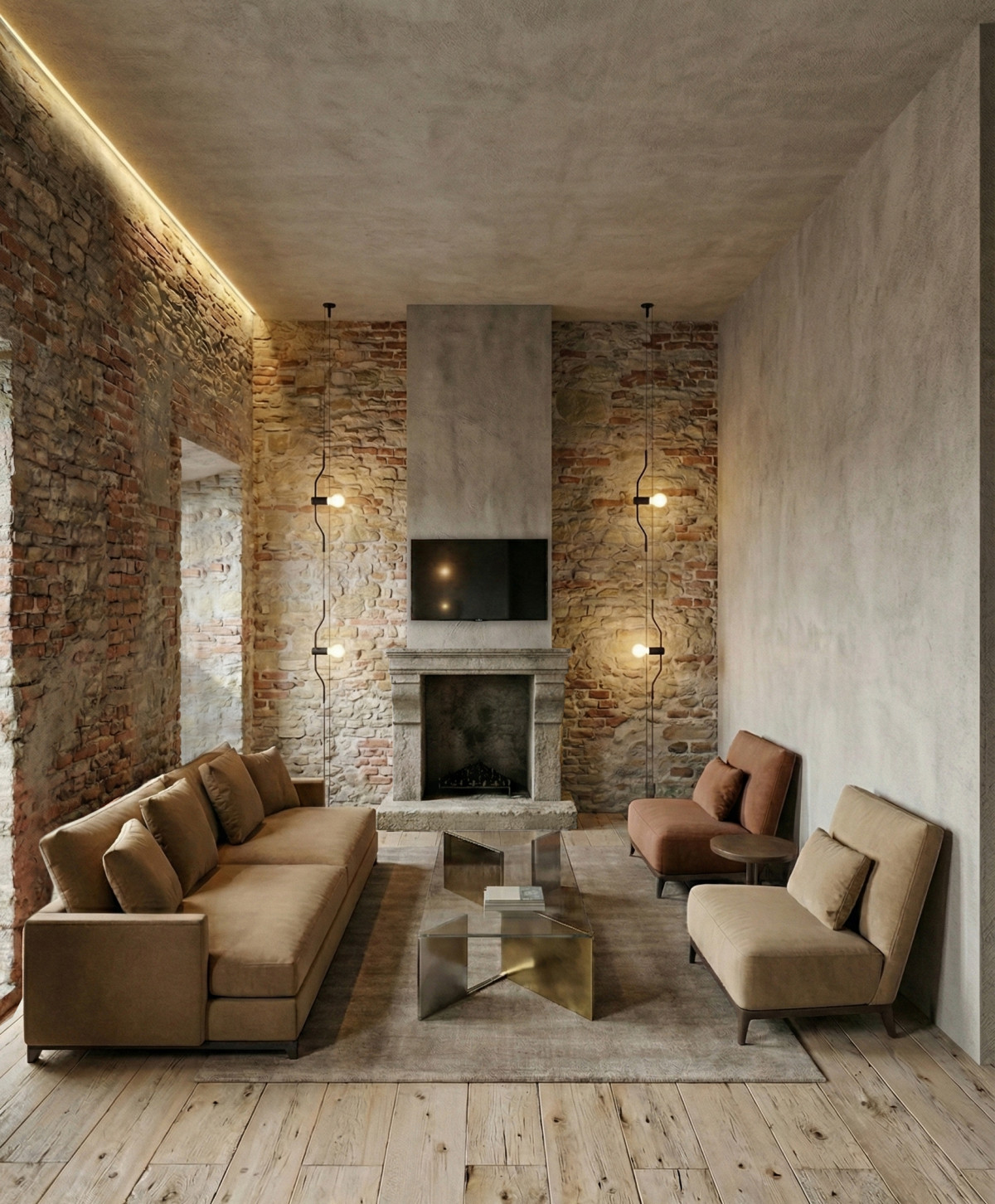 Living room rendering with fireplace and exposed stone walls in Florence apartment renovation project
