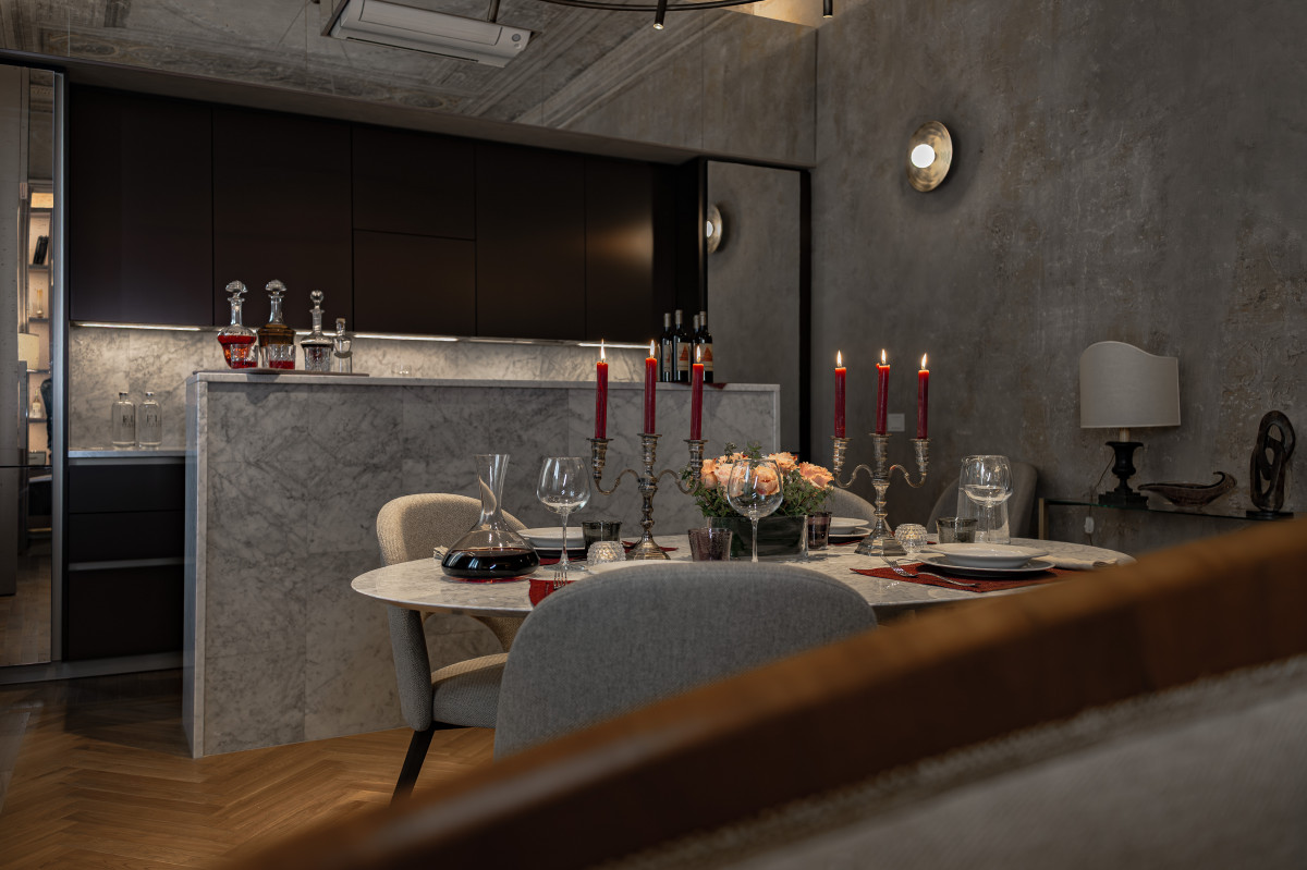 Modern kitchen in Florence luxury apartment with marble finishes