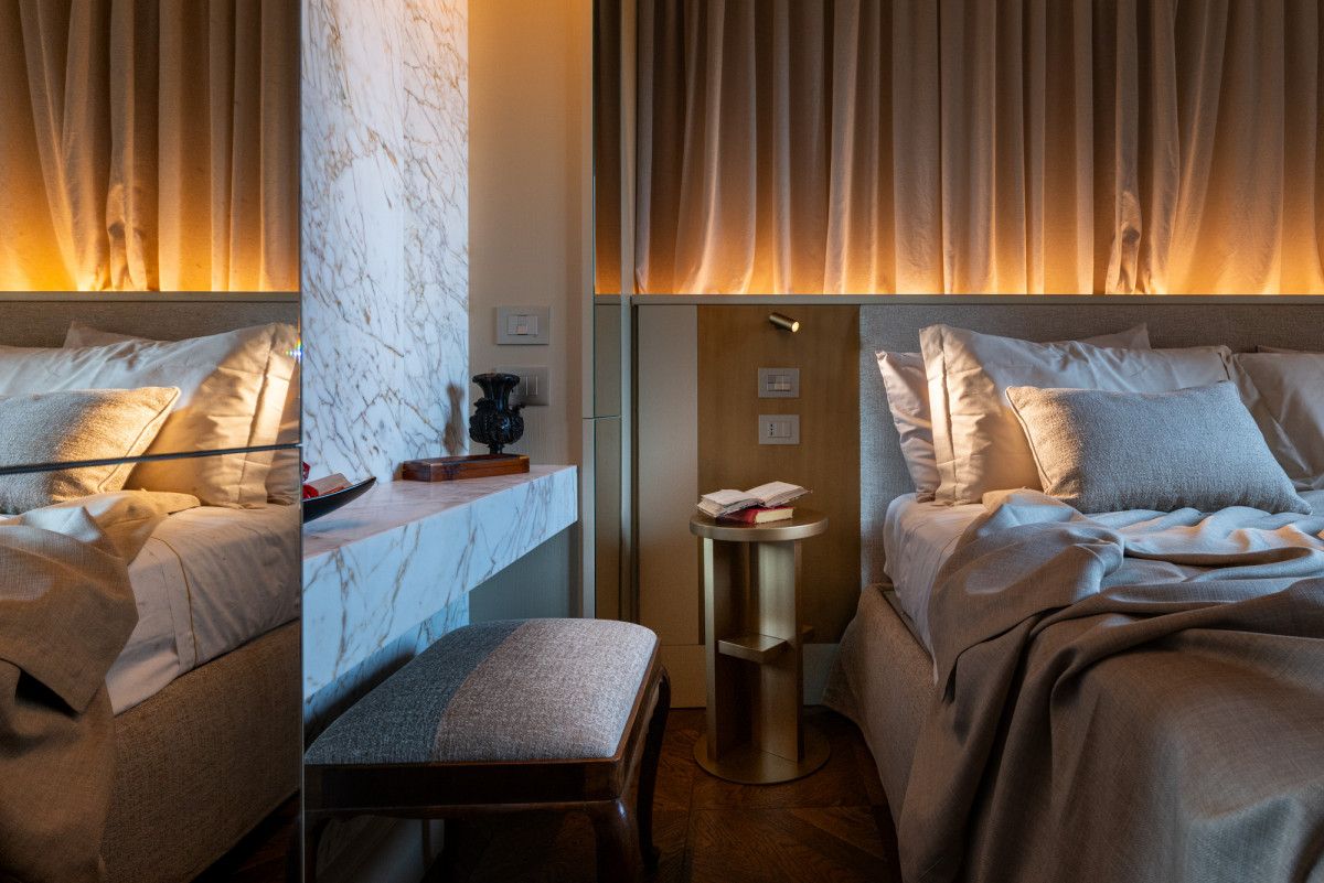 Bedroom at night in Florence luxury apartment