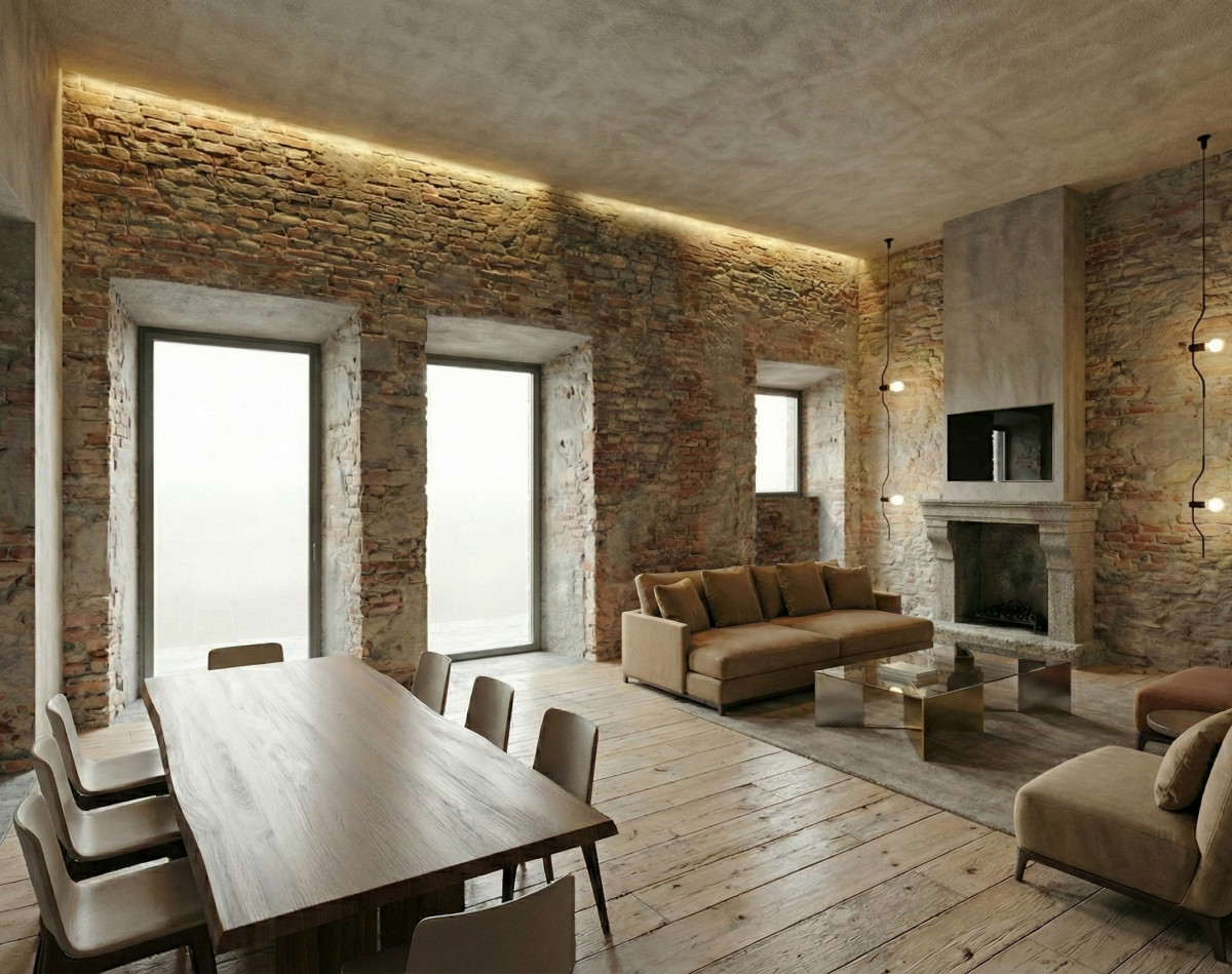 Open space living and dining rendering of historic apartment renovation in Florence