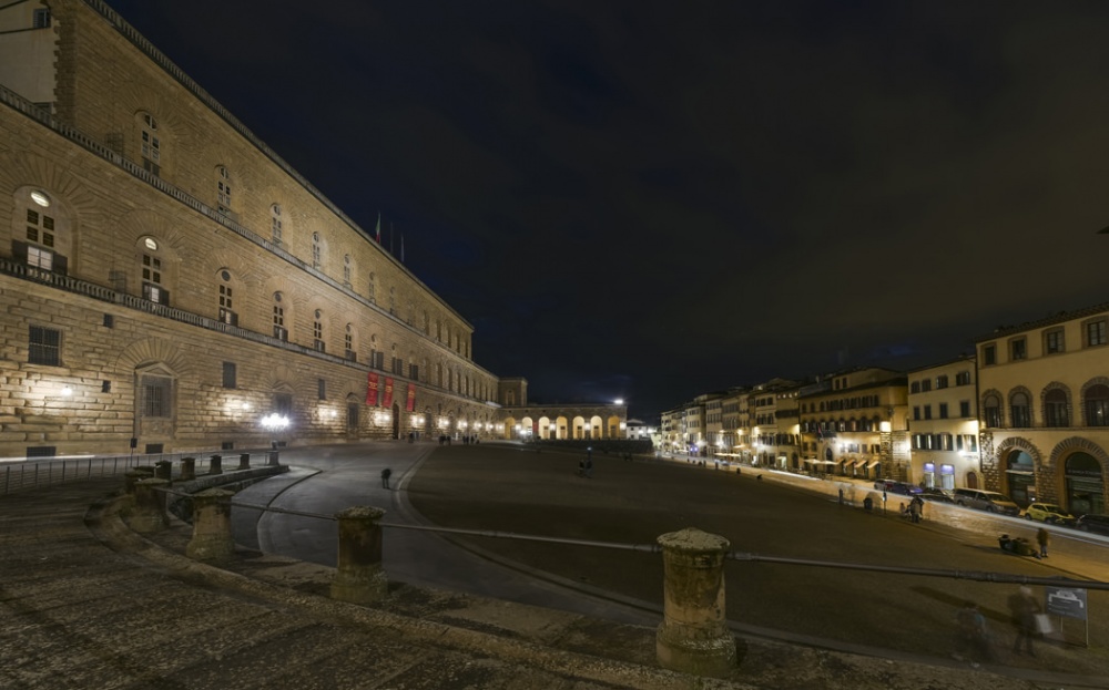 Scenic night view of Palazzo Pitti and Piazza Pitti in Florence close to luxury historic apartment