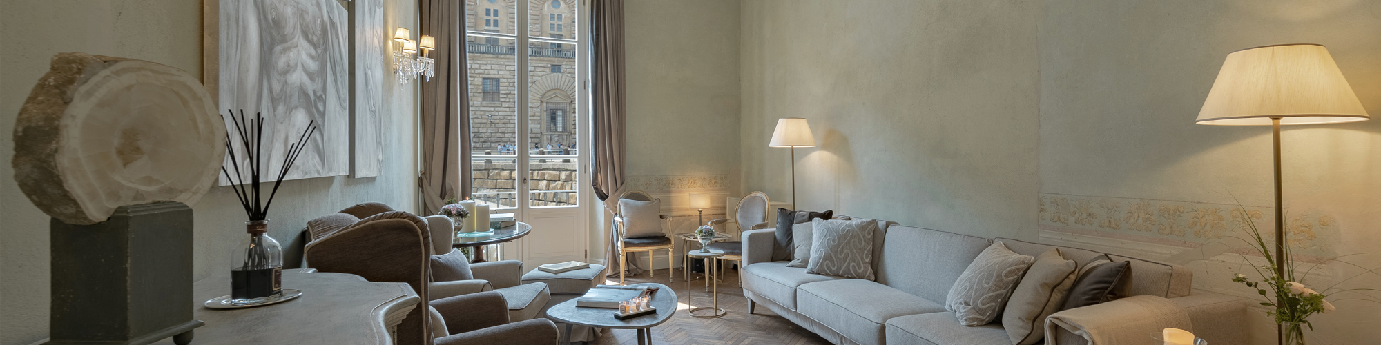 A modern living area with an ancient flavor in the Pitti Historical Home apartment