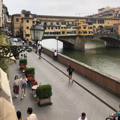 Three suites , above the River Arno and with postcard-worthy views of Ponte Vecchiothe two French-balconies.